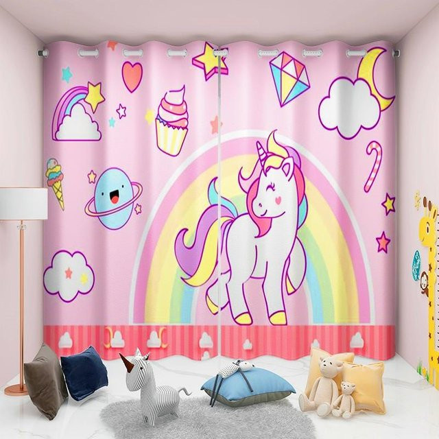 Yiran Furniture Einhorn Regenbogen Vorhänge für Kinder in Rosa, 2er-Set mit Ösen und Rod Pocket, halbtransparent, Breite: 60 cm, Höhe: 50 cm - Bild 1