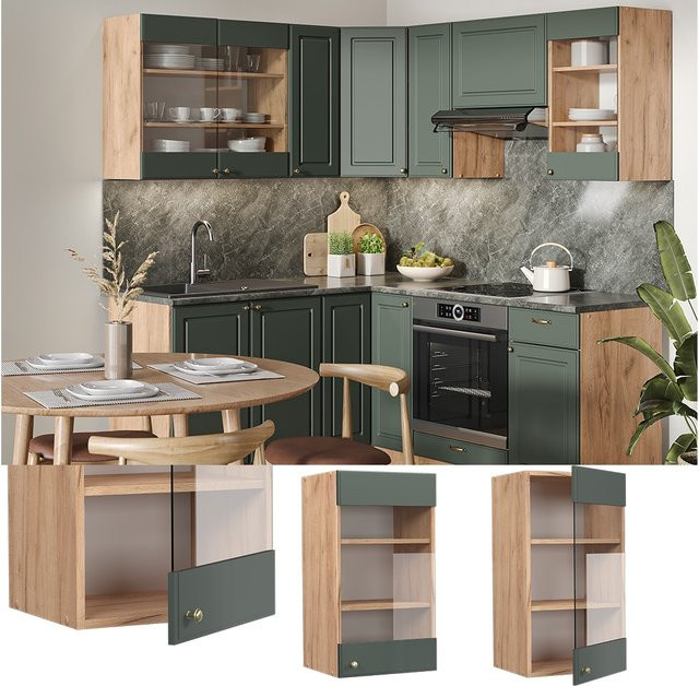 Vicco Küchen-Hängeschrank Fame-Line Landhaus Eiche Grün-Gold mit Glastüren und Softclose - Bild 1