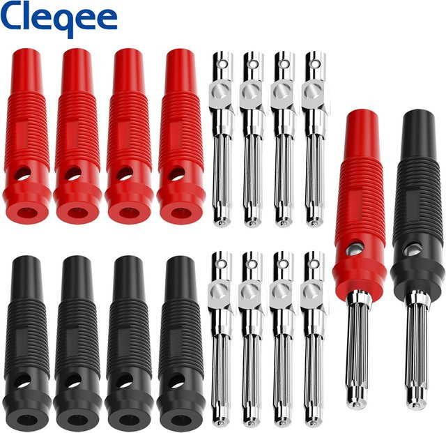 Cleqee Bananenstecker Set 10 Stück, 4 mm, 32 A, stapelbare Hochstrom-Schraubverriegelung aus Schweißkupfer, Farben: Rot und Schwarz - Bild 1