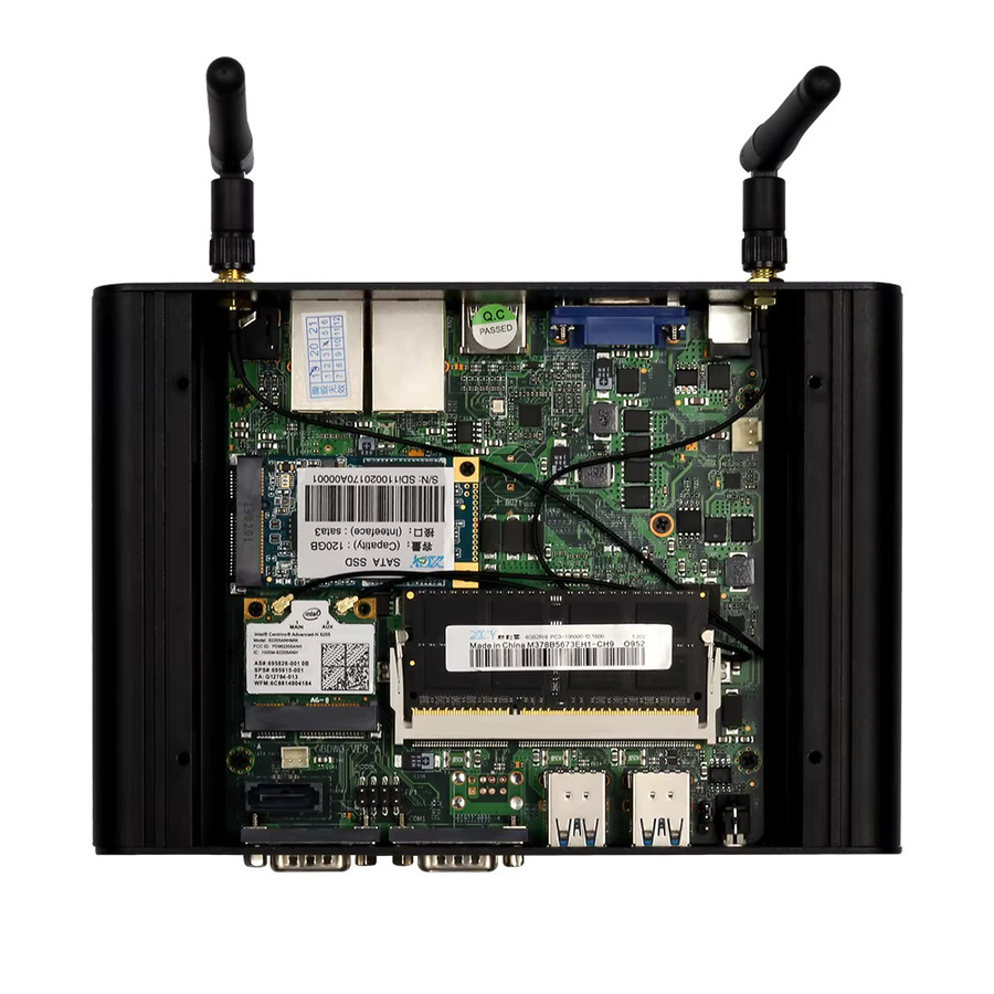 XCY Lüfterloser Mini-PC mit Intel Core Prozessen, 2x RS232, 2x GbE, HDMI, VGA, 4x USB, WLAN, Schwarz - Bild 3