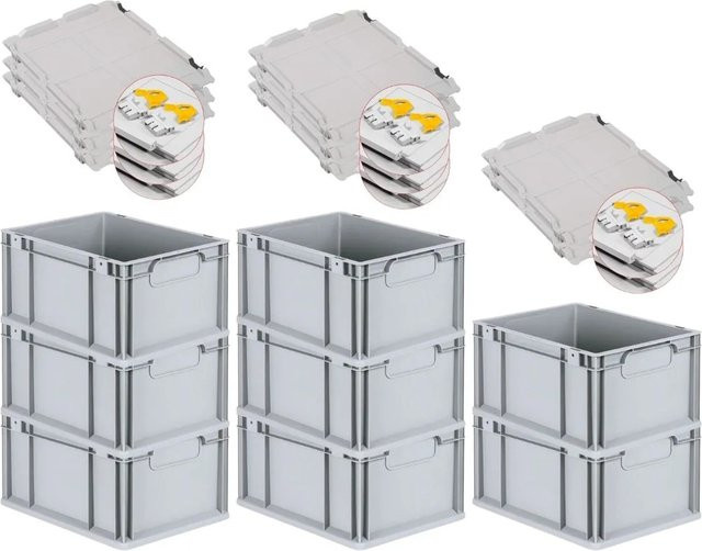 PROREGAL Spar Set 8x Eurobox Nextgen Economy mit Scharnierdeckel und gelben Schiebeschnappverschlüssen, Grau, H x B x T: 22 x 30 x 40 cm - Bild 1
