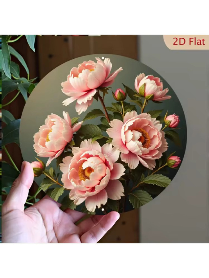 Potdemiel Elegante Pfingstrosen-Metallwandkunst – Rundes Aluminiumschild mit rosa Blumen und grünem Laub, klassische florale Wohndekoration, Durchmesser: 20 cm - Bild 6