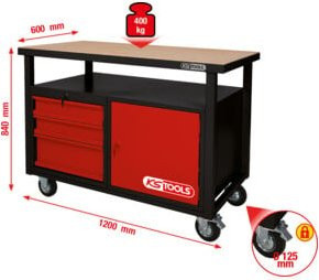 KS Tools Fahrbare Werkbank mit 3 Schubladen und 1 Tür, Schwarz-Rot, B: 120 cm, H: 84 cm, T: 60 cm - Bild 3