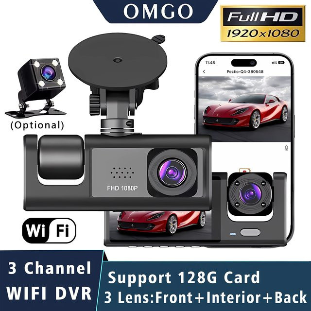OMGO 3-Kanal WLAN Auto-DVR Dashcam in Schwarz mit HD 1080P Innenraum-Fahrzeugkamera - Bild 1