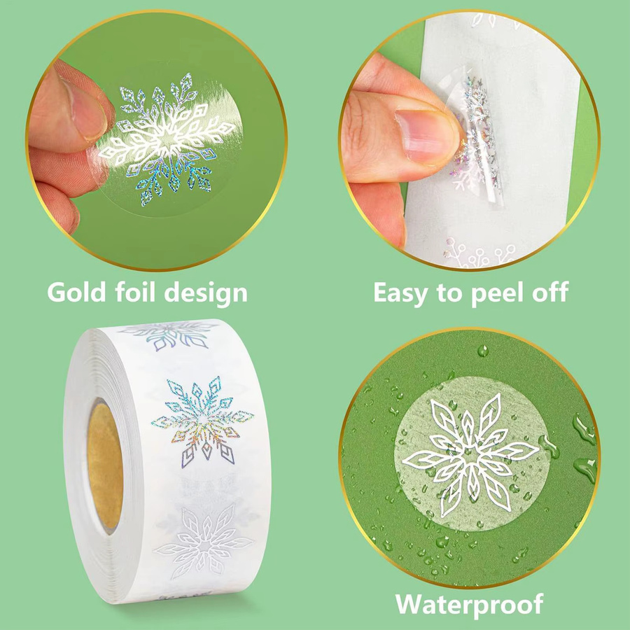 Selbstklebende Schneeflocken-Aufkleberrolle in Gold und Transparent mit 500 runden Weihnachtsetiketten zum Basteln und Dekorieren - Bild 2