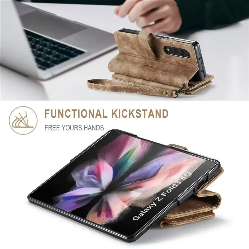 Business Flip Leder Handyhülle mit Reißverschluss und Wallet Card Cover für Samsung Galaxy Z Fold 7 6 5 4 sowie S25 Ultra S24 FE S23 S22 S21 S20 Plus in Rot und Braun - Bild 3