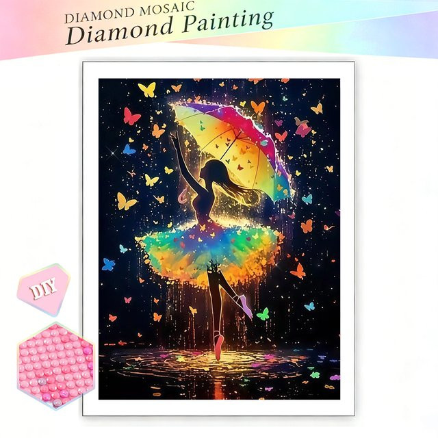EverShine Diamond Painting Set Ballerina-Mädchen mit Regenschirm und Schmetterling, bunte Mosaik-Stickerei, B/H: 20 x 30 cm, Multicolor - Bild 1