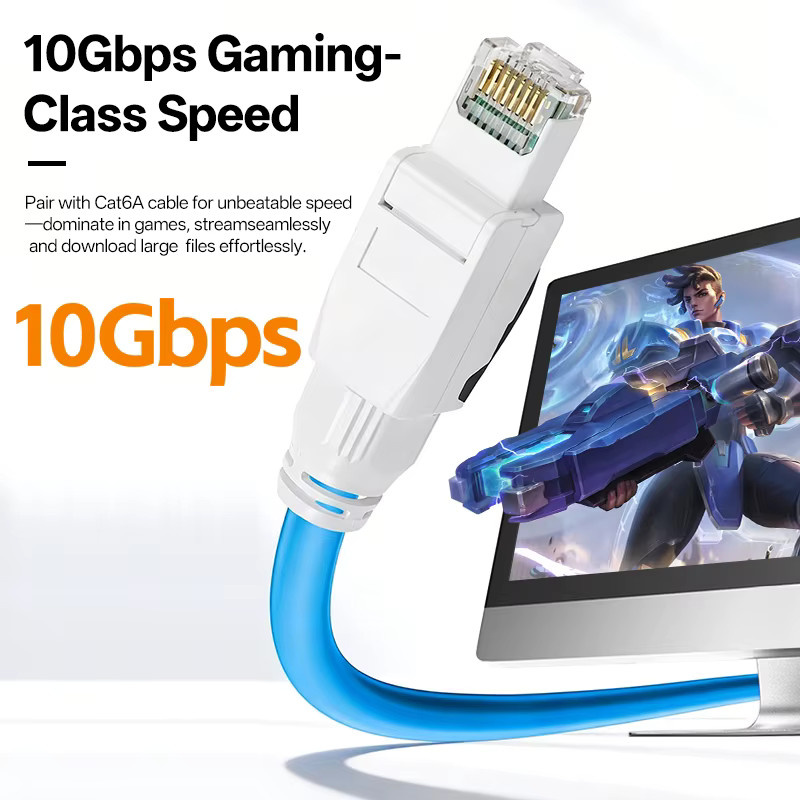 BYXGD Cat6A RJ45-Stecker weiß, werkzeuglos und wiederverwendbar, 50µ vergoldet, 10Gbps Ethernet LAN Stecker mit Anti-Unplug-Funktion für T568A/B - Bild 2