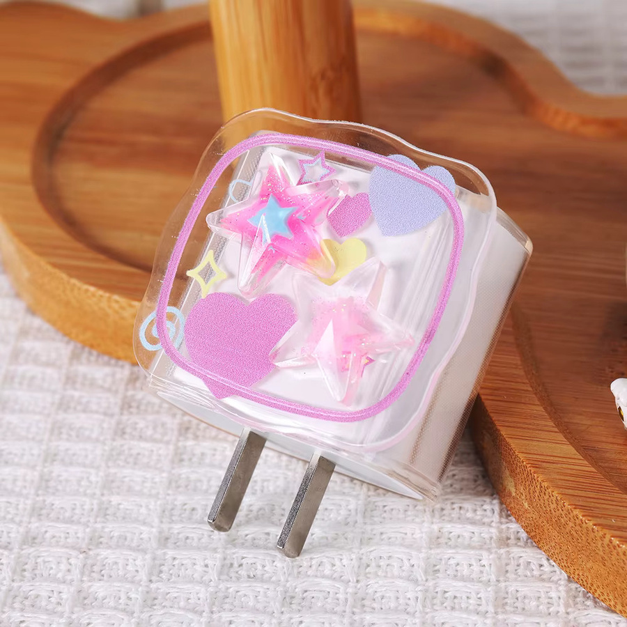 3D Pink Cute Star TPU Ladegerät Schutzhülle und Kabelwickler Kit für iPhone 16 18W/20W Schnellladekabel - Bild 3