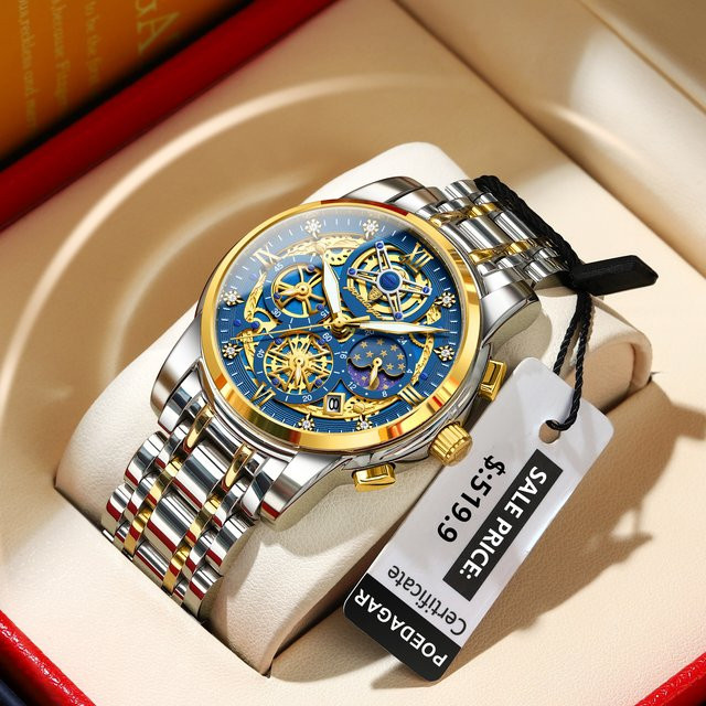 POEDAGAR Chronograph, Quarz, Edelstahl, Blau, Herren - Bild 1