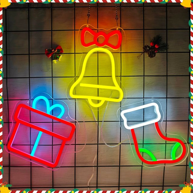 3-teiliges Weihnachts-Leuchtschild für Fenster und Wanddekoration mit Glocken, Geschenkbox und Weihnachtsmann-Strumpf, dimmbar, mehrfarbig - Bild 1