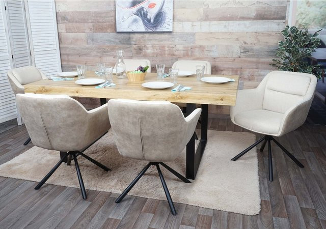 6er-Set MCW Esszimmerstühle K33 mit Armlehnen aus Stoff und Kunstleder in Beige, drehbar mit Auto-Return-Funktion - Bild 1