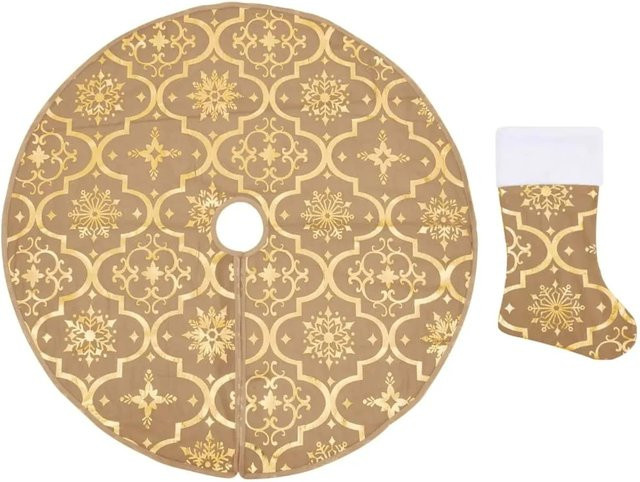 vidaXL Weihnachtsbaumdecke mit Socke in Gelb und Gold, rundes Textil mit geometrischem Schneeflocken-Design, Durchmesser: 90 cm - Bild 1