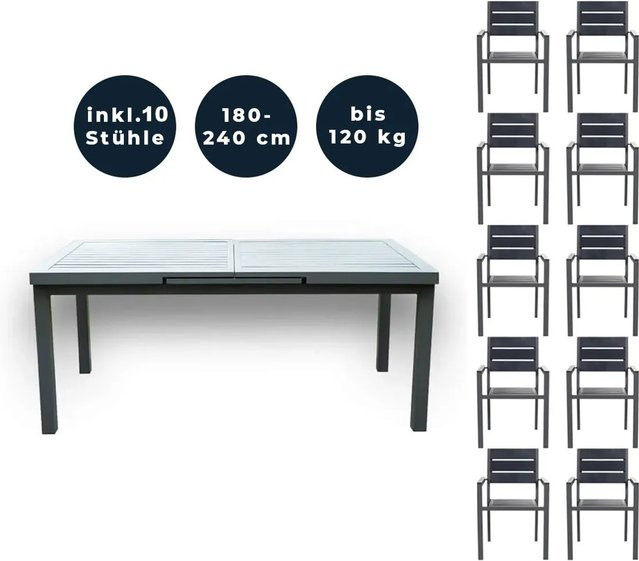 Home Deluxe Gartenmöbel-Set Calido Madera in Anthrazit mit 11-teiliger Ausstattung inklusive ausziehbarem Tisch und 10 Stühlen - Bild 2