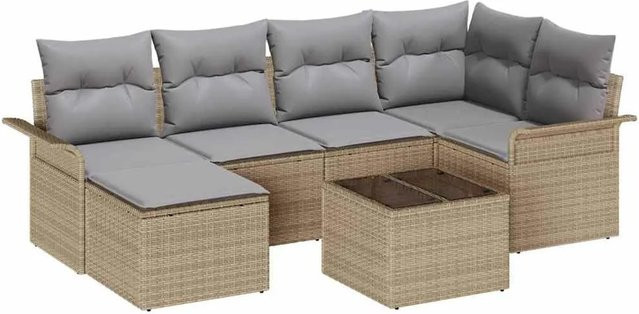 vidaXL Garten-Sofa-Set aus Polyrattan in Beige, 7-teiliges L-Shape Lounge-Set mit Kissen, Ottomane und Couchtisch - Bild 1