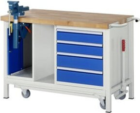 Rau Werkbank Modell 8185 fahrbar und absenkbar mit Schrank und Schubladen in Grau und Blau B/T/H: 125 x 70 x 88 cm - Bild 1