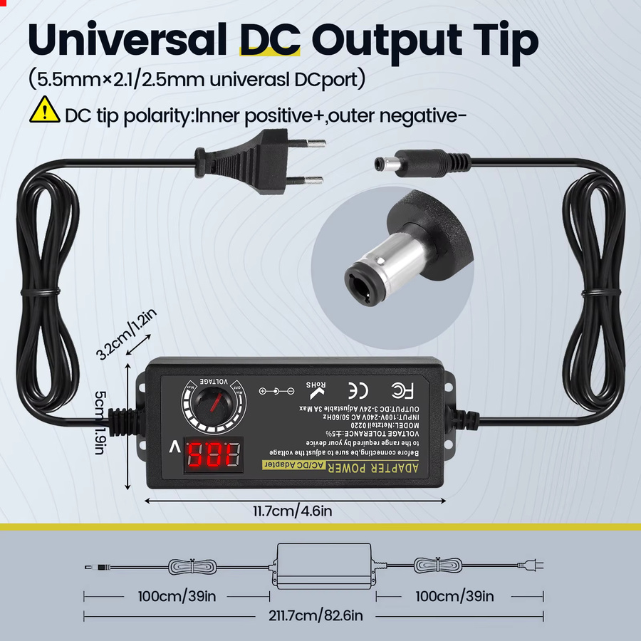 Rbefeuly Universal-Netzteil 72 W AC/DC-Adapter-Ladegerät in Schwarz mit 14 DC-Spitzen und umgekehrtem Polaritätskabel für Kamera und LED-Streifen, 3–24 V, max. 3000 mA - Bild 2