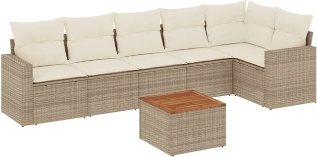 vidaXL 7-teilige Garten-Sofagarnitur aus Poly-Rattan und Akazienholz in Beige-Creme mit Kissen - Bild 1