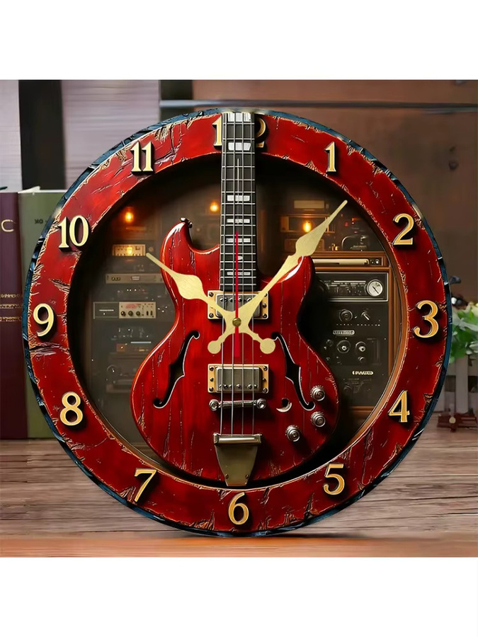 WOKLOK Runde Wanduhr aus Holz im Vintage-Gitarren-Stil, geräuschlos, Rot - Bild 7