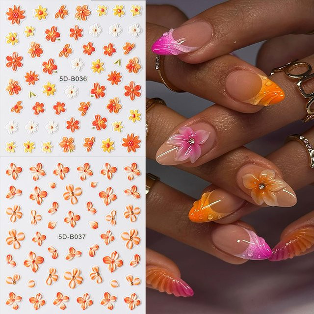 Full Beauty Nagelaufkleber, Orange, Blumen, Glänzend, 2 Stück - Bild 1