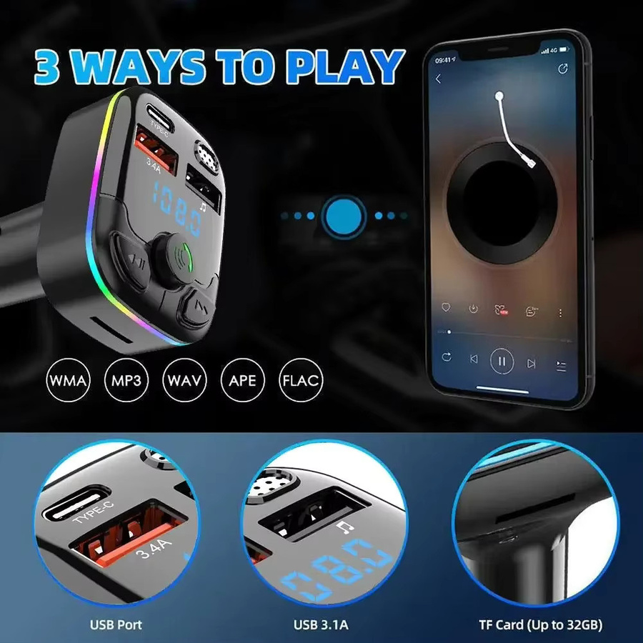 Kankeirr Bluetooth FM Sender mit PD und Dual USB 3.1A Schnellladegerät, MP3-Modulator mit buntem Umgebungslicht, Schwarz/Multicolor - Bild 3