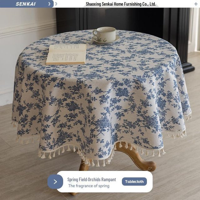Runde Tischdecke aus Baumwolle und Leinen mit blauem Blumendesign im Retro-Stil, Durchmesser: 120 cm - Bild 1