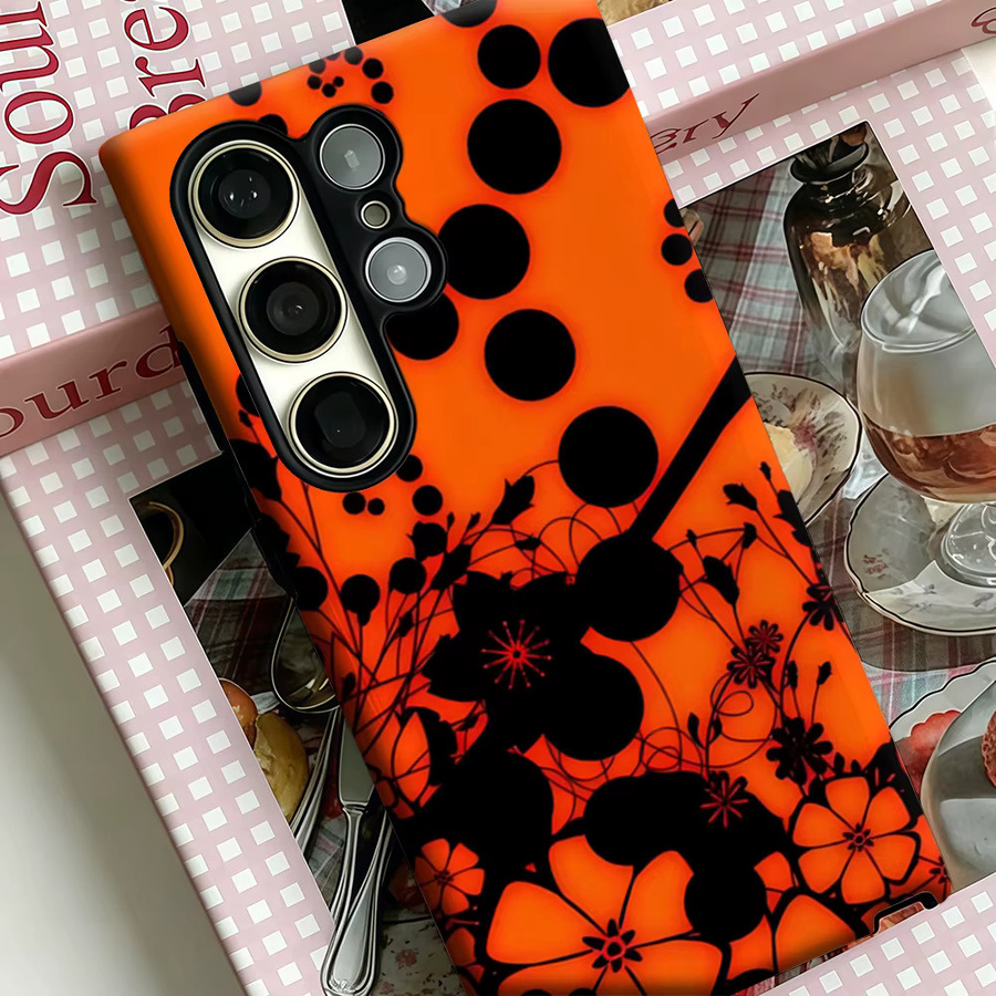 Stoßfeste Doppelschicht Handyhülle mit Blumenpunkten in Orange und Schwarz für Samsung Galaxy S25 Ultra, S24 und S23 Ultra Plus - Bild 4