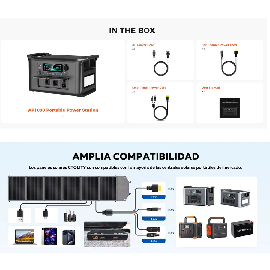 CTOLITY AP1000 Mobile Powerstation Solargenerator mit 1800W und 200W Solarpanels, LiFePO4-Batterie, Schwarz - Bild 2