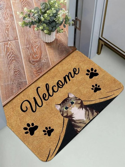 Rutschfeste und waschbare Teppichmatte mit Katzenmuster in Braun, B/H: 60 x 40 cm - Bild 1