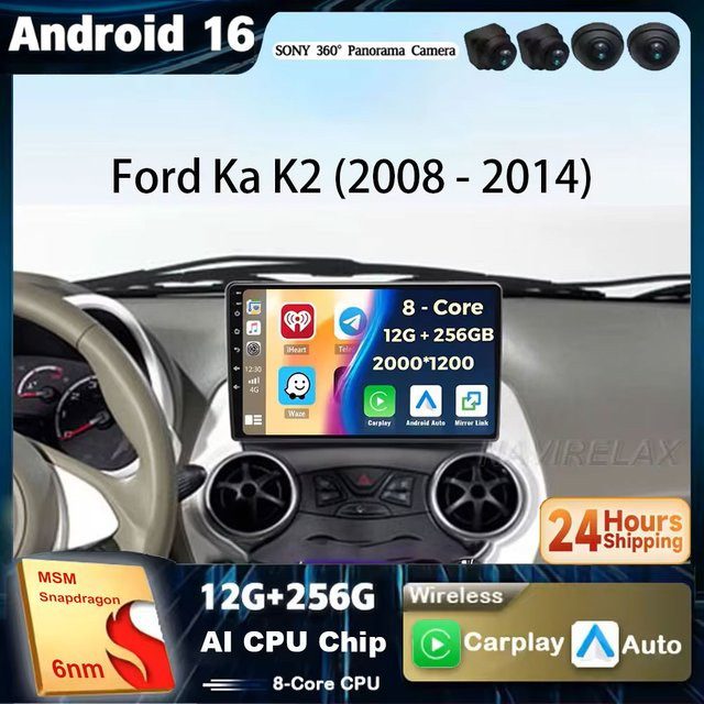 TIEYEZ Android 16 Auto-Multimedia-Player für Ford Ka K2 (2008-2014) mit kabellosem Carplay, GPS und Navigation, Schwarz - Bild 1