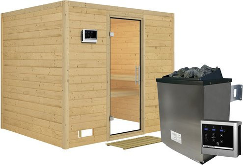 Karibu Sauna Paldiski aus Fichtenholz in Beige inklusive 9 kW Saunaofen mit externer Steuerung für 4 Personen, B/T/H: 236 x 184 x 209 cm - Bild 1