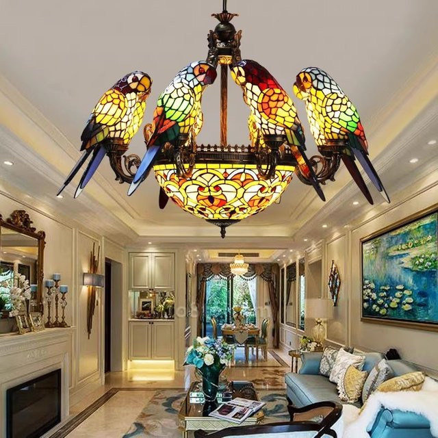 JIANKEXING Retro Glas Pendelleuchte mit buntem Papagei-Motiv für Wohnzimmer und Bar - Bild 1