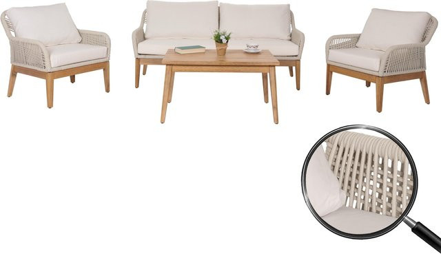 MCW Gartengarnitur H56b 4-teiliges Lounge-Set aus Akazienholz mit Seilgeflecht in Beige - Bild 1