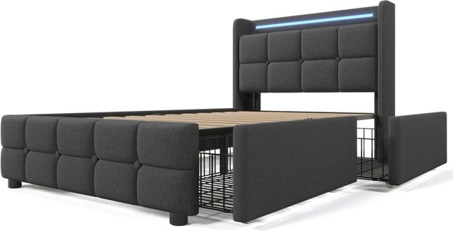 Merax Polsterbett Grau mit 2 Schubladen, LED-Unterbettbeleuchtung und USB-C Anschluss, inklusive Hybrid-Matratze, B/T/H: 90 x 200 x 120 cm - Bild 1