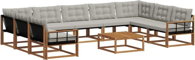 vidaXL Outdoor-Sofagarnitur aus massivem Akazienholz in L-Form, 10-teiliges Set mit Textilene-Elementen und Kissen, Farbe: Natur und Hellgrau - Bild 1