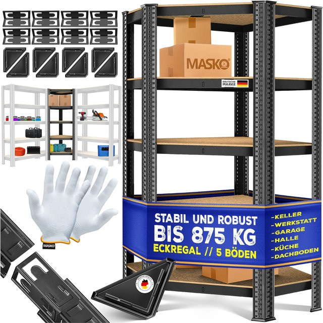 MASKO Eckregal Schwerlastregal aus Metall mit 5 verstellbaren MDF-Platten, H x B x T: 180 x 75 x 40 cm - Bild 1