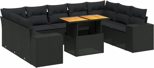 vidaXL 10-tlg. Garten-Sofagarnitur in L-Form aus Poly-Rattan und Akazienholz mit Kissen, Schwarz - Bild 1