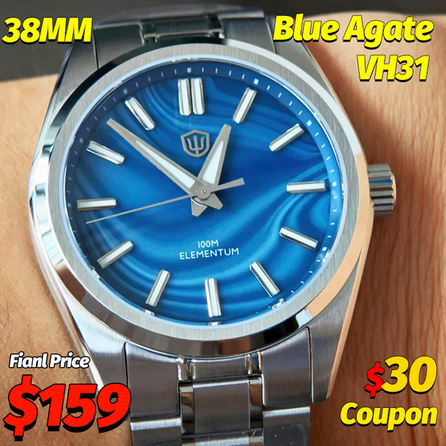 Watchdives Armbanduhr, Quarz, Edelstahl, Blaues Achat Zifferblatt, 38 mm, Herren - Bild 1