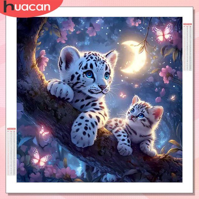 HUACAN Diamantmalerei Tier-Mosaik Set mit Leopard, Tiger und Katze in Multicolor als Full Round Kreuzstich Kit zur Wanddekoration - Bild 1