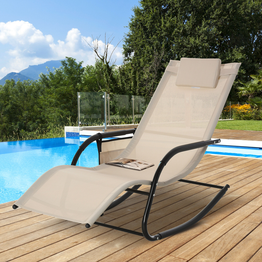 Outsunny Schaukelstuhl Schwingsessel aus Metall und Mesh-Gewebe in Beige mit Armlehnen und verstellbarer Kopfstütze, B/T/H: 150 x 62 x 88 cm - Bild 2