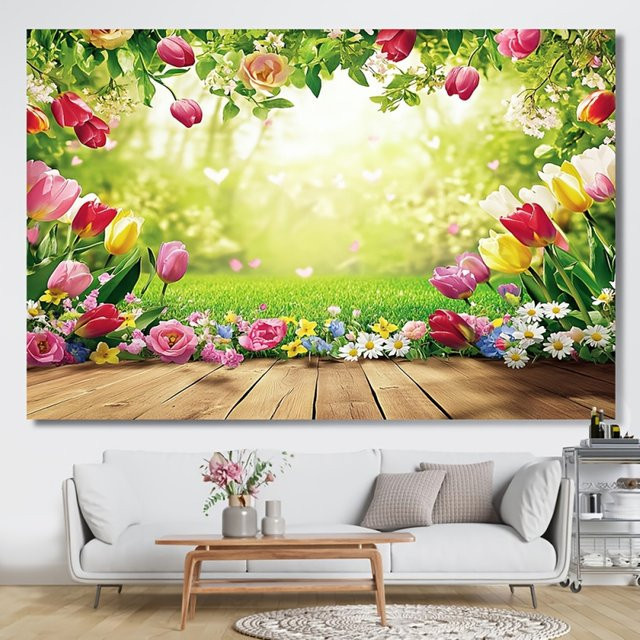 VIKAMA Fotohintergrund mit Frühlingsblumen und Oster-Motiven, Mehrfarbig, Rechteckig - Bild 1