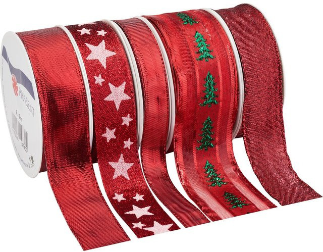 Geschenkband-Set Weihnachten in Rot mit Sternen und Tannenbäumen von PRÄSENT - Bild 1