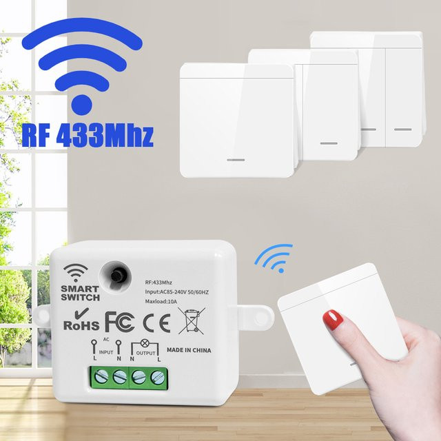 GGBEE Drahtloser Licht Wand Schalter RF 433MHz Relais Empfänger mit Fernbedienung für LED Lampen 10A 110V 220V - Bild 1