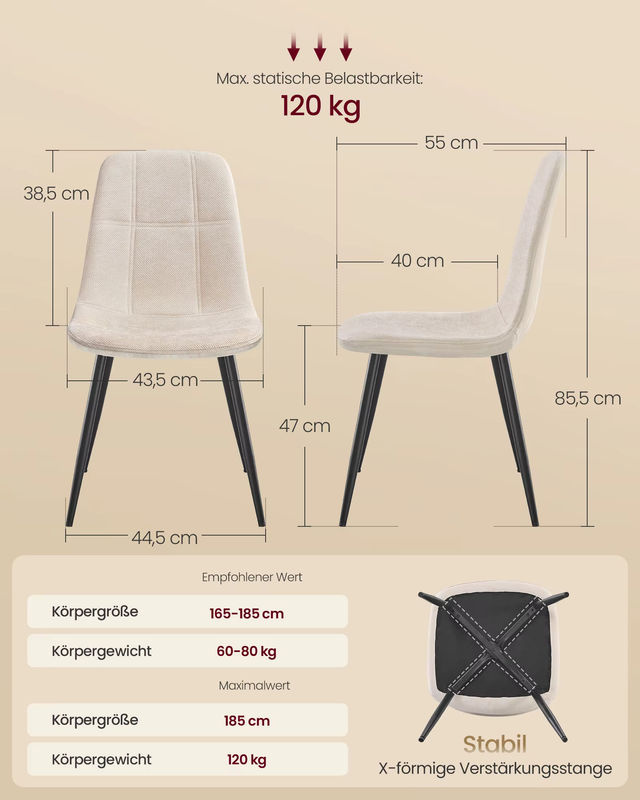 VASAGLE Esszimmerstuhl 2er Set Polsterstuhl mit Metallbeinen in Cremeweiß/Beige - Bild 3