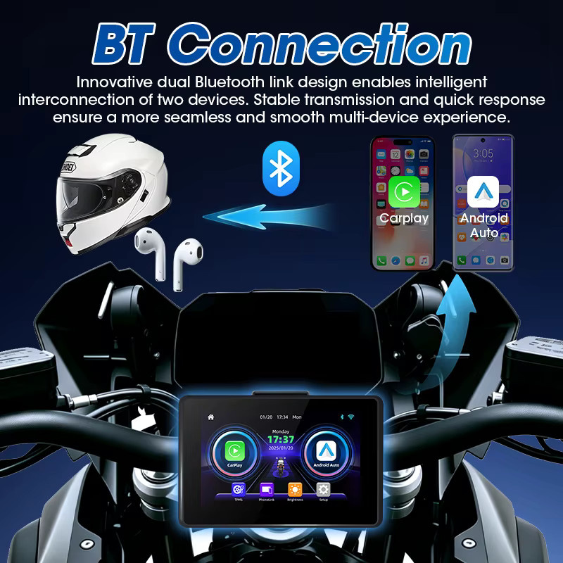 Jansite Motorrad GPS-Navigation mit Wireless CarPlay und Android Auto, IPX7 wasserdichter Moto Monitor mit Bluetooth 5.0, Schwarz, Universal für BMW und andere Motorräder - Bild 4