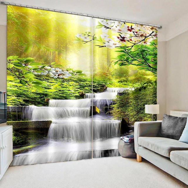 Yiran Furniture Naturlandschaft Vorhänge mit Wald und Wasserfall, 2er-Set, halbtransparent, Mehrfarbig, Breite: 120 cm, Höhe: 270 cm - Bild 1