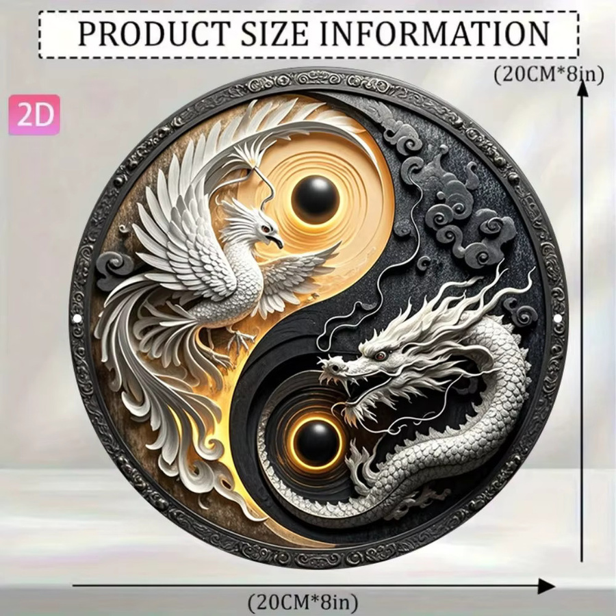 HELLOYOUNG Retro Drache und Phönix Metallschild aus Aluminium, runde Wandkunst in Mehrfarbig für Zuhause, Bar oder Restaurant - Bild 2