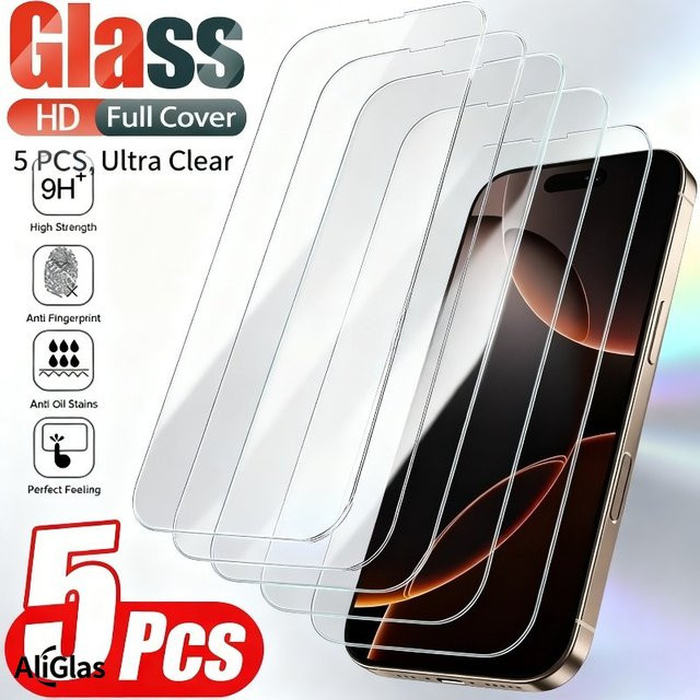 5 Stück Displayschutzfolien aus gehärtetem Glas für iPhone 11 bis iPhone 17 Pro Max, transparent - Bild 1