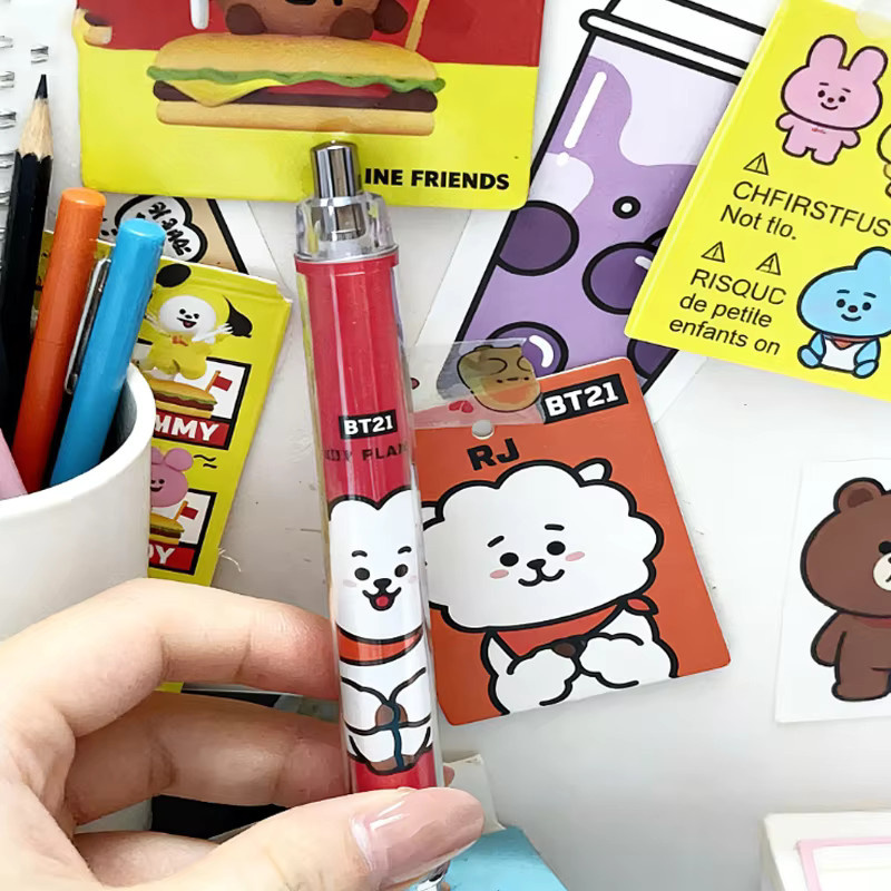 BT21 LINE FRIENDS Druckknopf-Kugelschreiber mit BTS Cartoon Charakteren TATA MANG RJ CHIMMY in Mehrfarbig - Bild 2