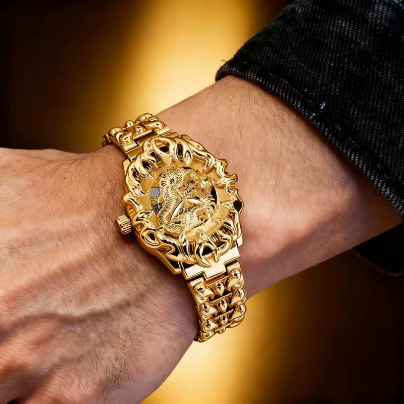 MEIRUIQI Armbanduhr Automatik, Edelstahl, Gold, Herren, Drachenmuster - Bild 6